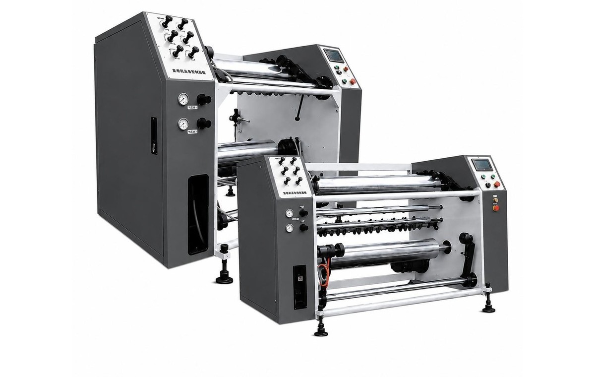 Semi automatic stretch film cling film rewinding and slitting machine